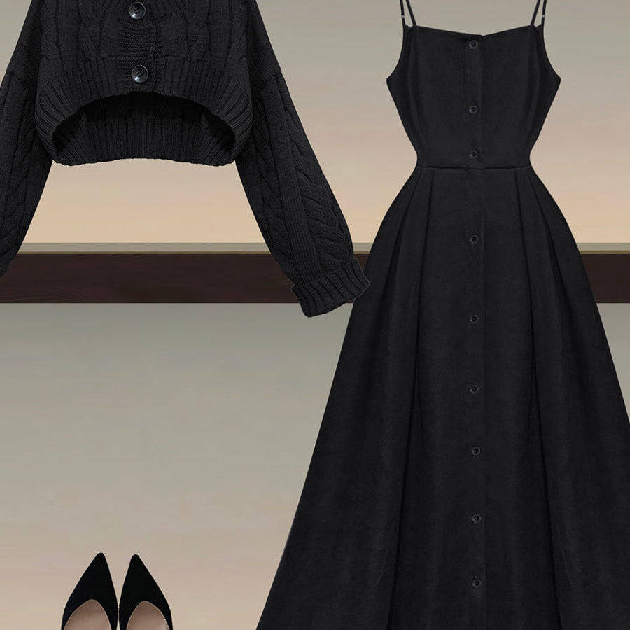 Fall Winter Two Piece Sets Women Outfits Korean Casual Long Sleeve Twist Knitted Short Sweater And Straped High Waist Dress Sets set 1