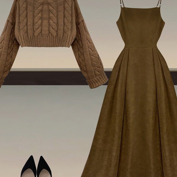 Fall Winter Two Piece Sets Women Outfits Korean Casual Long Sleeve Twist Knitted Short Sweater And Straped High Waist Dress Sets