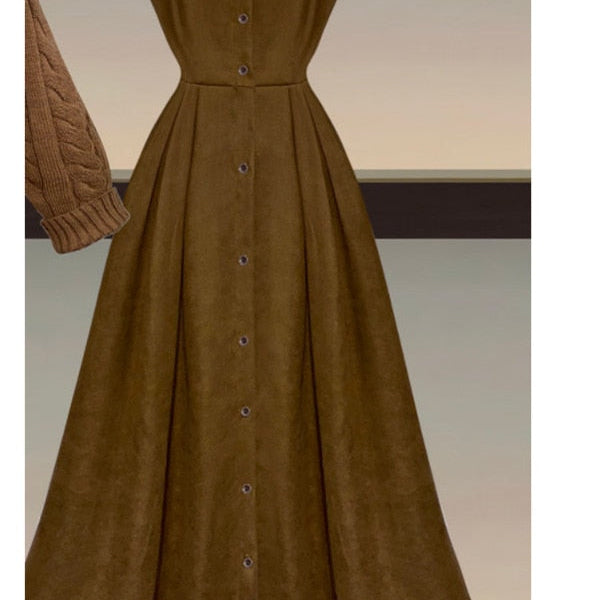 Fall Winter Two Piece Sets Women Outfits Korean Casual Long Sleeve Twist Knitted Short Sweater And Straped High Waist Dress Sets dress 1