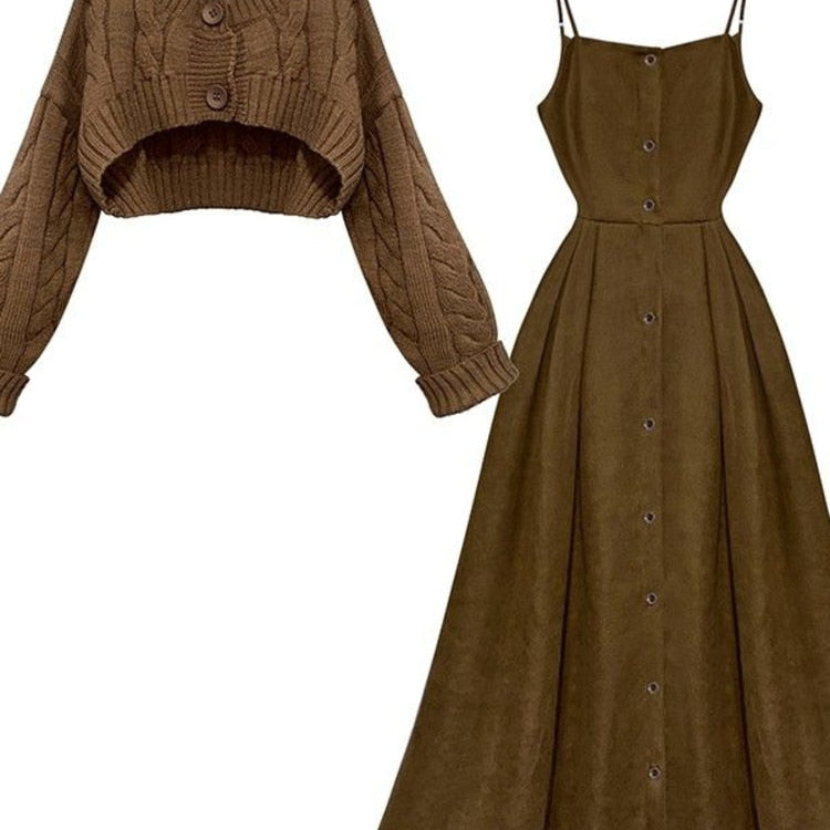 Fall Winter Two Piece Sets Women Outfits Korean Casual Long Sleeve Twist Knitted Short Sweater And Straped High Waist Dress Sets