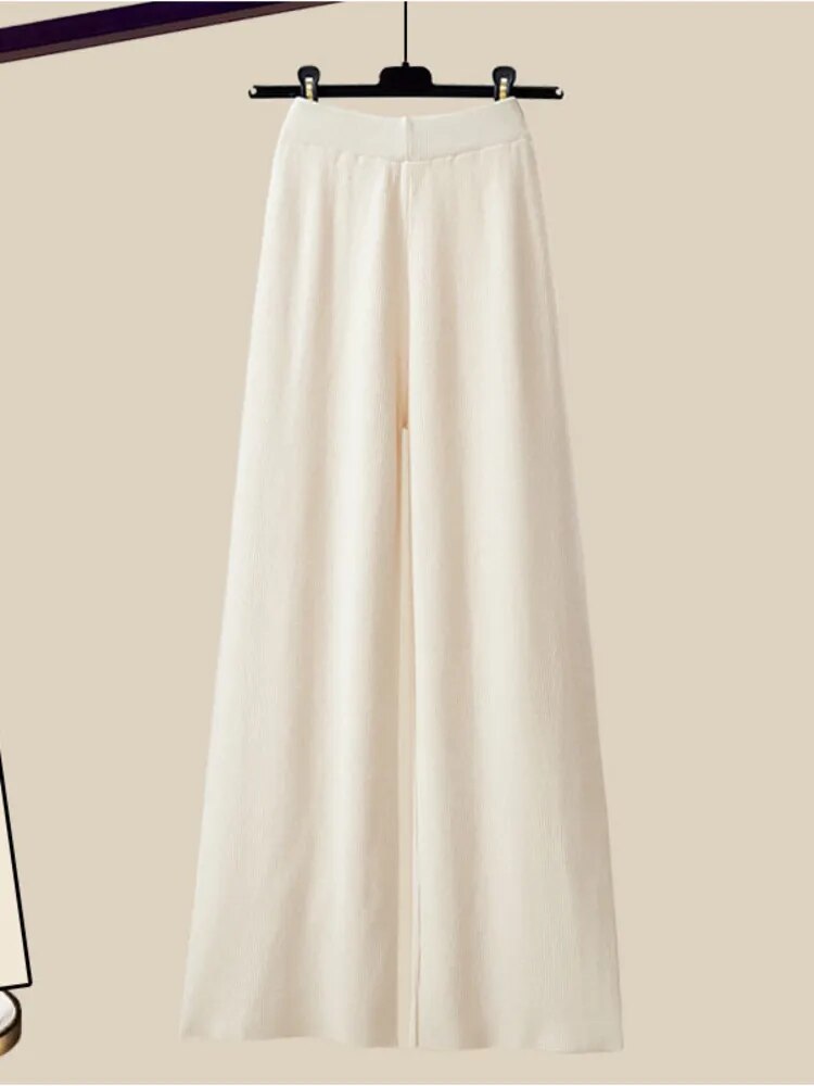 Fall Winter Warm Knit Three Piece Sets Womens Ourfits Office Ladies Elegant V-Neck Sweater+basic Top+Wide Leg Knitted Pants Sets