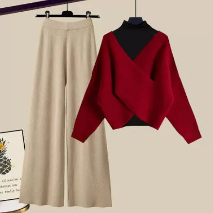 Fall Winter Warm Knit Three Piece Sets Womens Ourfits Office Ladies Elegant V-Neck Sweater+basic Top+Wide Leg Knitted Pants Sets Set 7