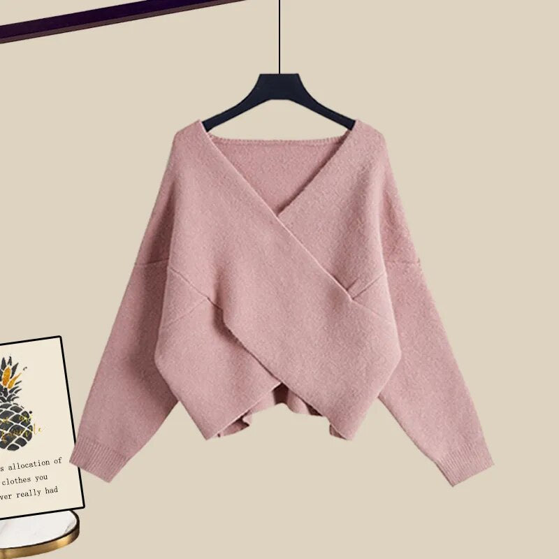 Fall Winter Warm Knit Three Piece Sets Womens Ourfits Office Ladies Elegant V-Neck Sweater+basic Top+Wide Leg Knitted Pants Sets