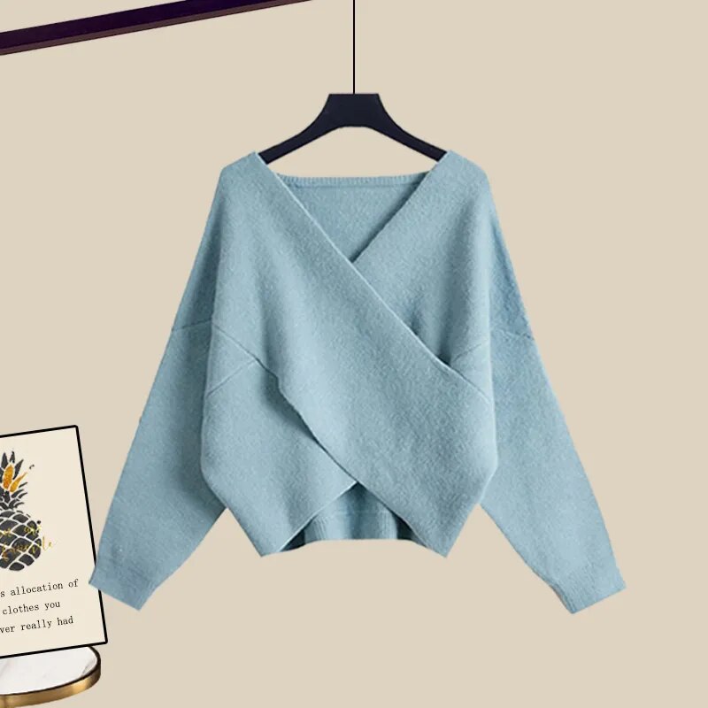Fall Winter Warm Knit Three Piece Sets Womens Ourfits Office Ladies Elegant V-Neck Sweater+basic Top+Wide Leg Knitted Pants Sets