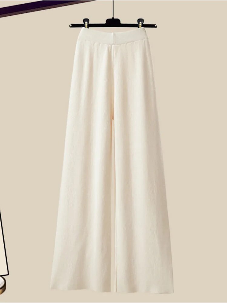 Fall Winter Warm Knit Three Piece Sets Womens Ourfits Office Ladies Elegant V-Neck Sweater+basic Top+Wide Leg Knitted Pants Sets