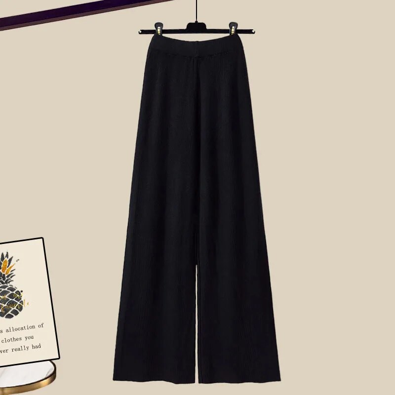 Fall Winter Warm Knit Three Piece Sets Womens Ourfits Office Ladies Elegant V-Neck Sweater+basic Top+Wide Leg Knitted Pants Sets