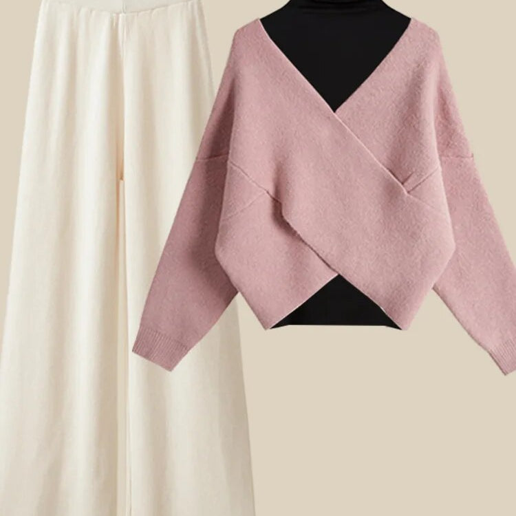 Fall Winter Warm Knit Three Piece Sets Womens Ourfits Office Ladies Elegant V-Neck Sweater+basic Top+Wide Leg Knitted Pants Sets