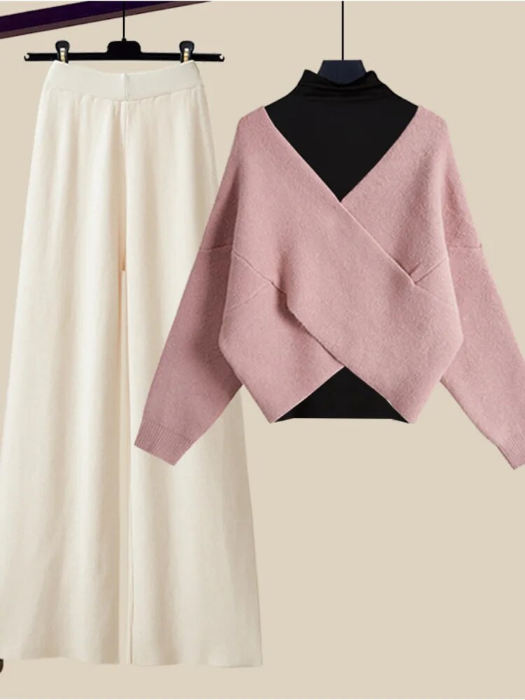 Fall Winter Warm Knit Three Piece Sets Womens Ourfits Office Ladies Elegant V-Neck Sweater+basic Top+Wide Leg Knitted Pants Sets