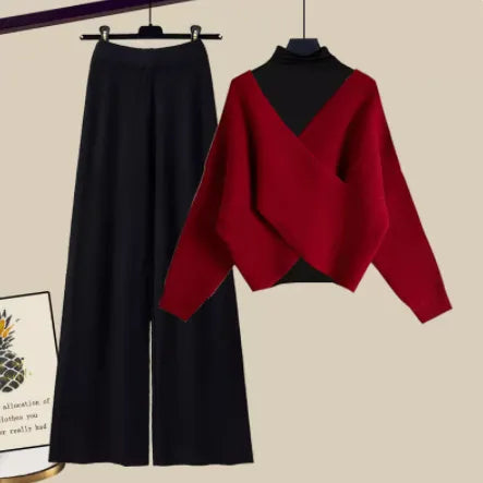 Fall Winter Warm Knit Three Piece Sets Womens Ourfits Office Ladies Elegant V-Neck Sweater+basic Top+Wide Leg Knitted Pants Sets Set 12