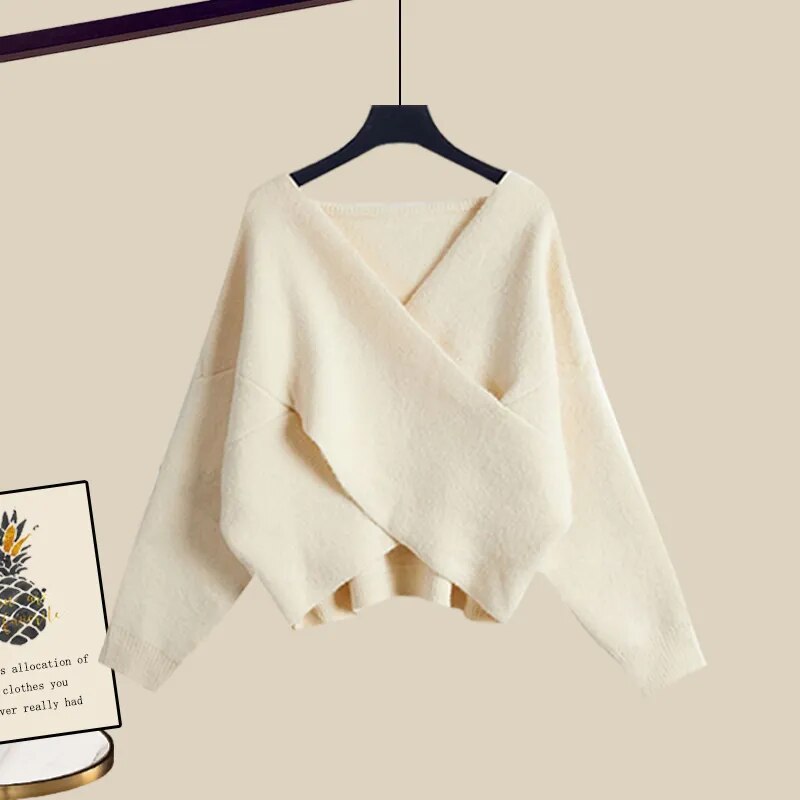 Fall Winter Warm Knit Three Piece Sets Womens Ourfits Office Ladies Elegant V-Neck Sweater+basic Top+Wide Leg Knitted Pants Sets sweater 3