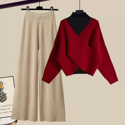 Fall Winter Warm Knit Three Piece Sets Womens Ourfits Office Ladies Elegant V-Neck Sweater+basic Top+Wide Leg Knitted Pants Sets Set 7