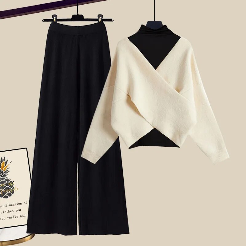 Fall Winter Warm Knit Three Piece Sets Womens Ourfits Office Ladies Elegant V-Neck Sweater+basic Top+Wide Leg Knitted Pants Sets Set 14