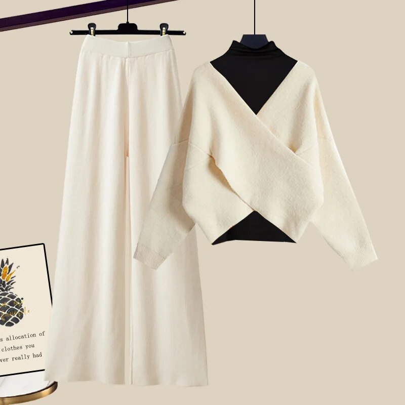 Fall Winter Warm Knit Three Piece Sets Womens Ourfits Office Ladies Elegant V-Neck Sweater+basic Top+Wide Leg Knitted Pants Sets Set