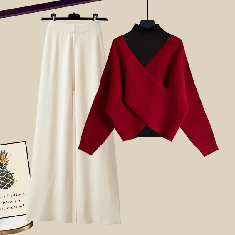 Fall Winter Warm Knit Three Piece Sets Womens Ourfits Office Ladies Elegant V-Neck Sweater+basic Top+Wide Leg Knitted Pants Sets Set 1