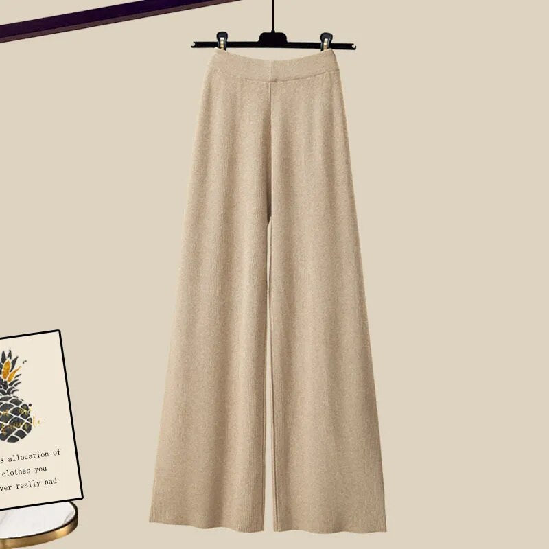 Fall Winter Warm Knit Three Piece Sets Womens Ourfits Office Ladies Elegant V-Neck Sweater+basic Top+Wide Leg Knitted Pants Sets Pants 2
