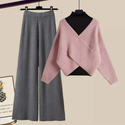Fall Winter Warm Knit Three Piece Sets Womens Ourfits Office Ladies Elegant V-Neck Sweater+basic Top+Wide Leg Knitted Pants Sets Set 5