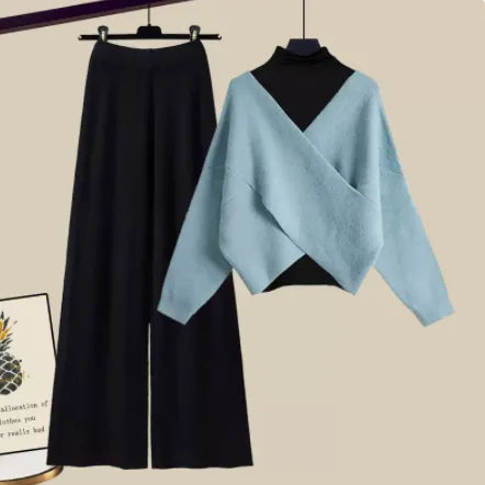 Fall Winter Warm Knit Three Piece Sets Womens Ourfits Office Ladies Elegant V-Neck Sweater+basic Top+Wide Leg Knitted Pants Sets Set 13