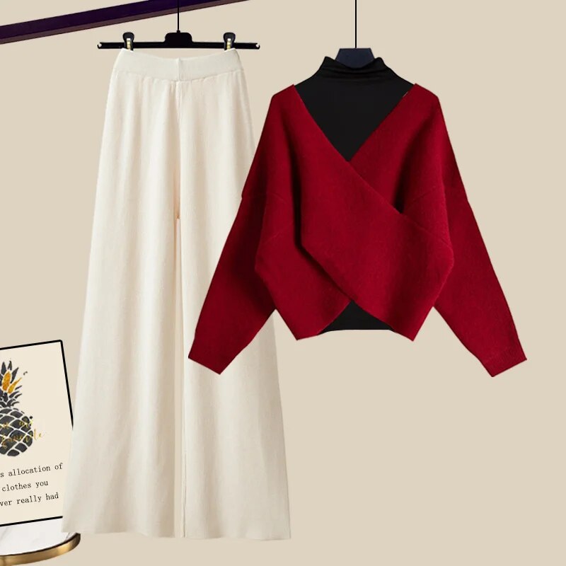 Fall Winter Warm Knit Three Piece Sets Womens Ourfits Office Ladies Elegant V-Neck Sweater+basic Top+Wide Leg Knitted Pants Sets Set 1