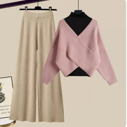 Fall Winter Warm Knit Three Piece Sets Womens Ourfits Office Ladies Elegant V-Neck Sweater+basic Top+Wide Leg Knitted Pants Sets Set 11