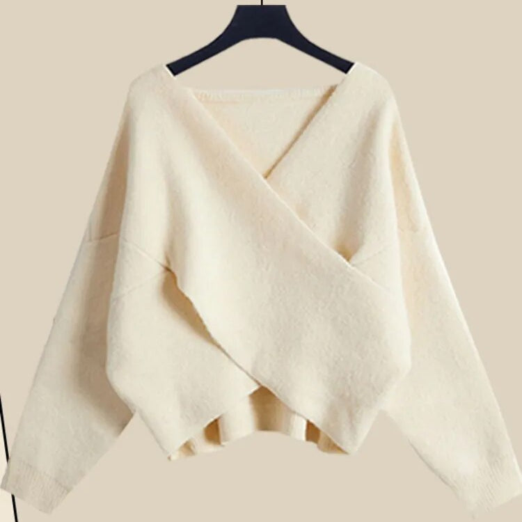 Fall Winter Warm Knit Three Piece Sets Womens Ourfits Office Ladies Elegant V-Neck Sweater+basic Top+Wide Leg Knitted Pants Sets