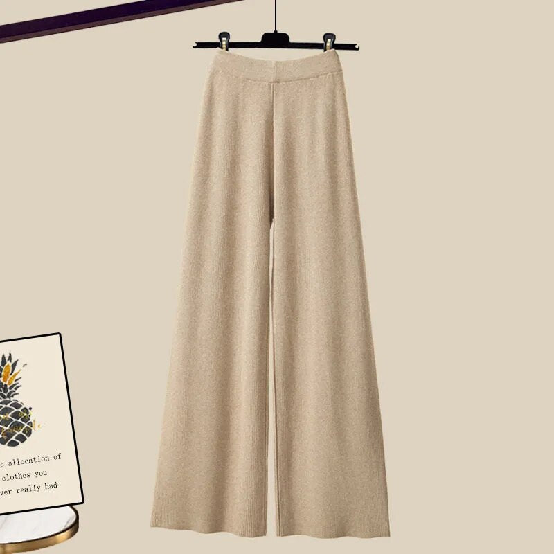 Fall Winter Warm Knit Three Piece Sets Womens Ourfits Office Ladies Elegant V-Neck Sweater+basic Top+Wide Leg Knitted Pants Sets Pants 2