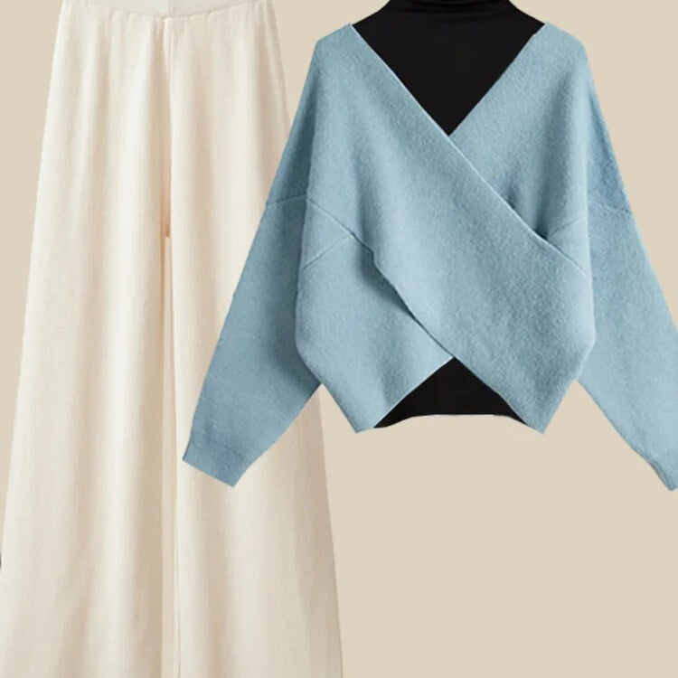 Fall Winter Warm Knit Three Piece Sets Womens Ourfits Office Ladies Elegant V-Neck Sweater+basic Top+Wide Leg Knitted Pants Sets
