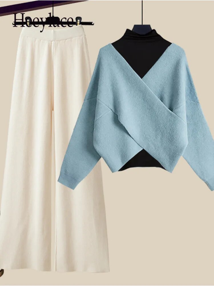 Fall Winter Warm Knit Three Piece Sets Womens Ourfits Office Ladies Elegant V-Neck Sweater+basic Top+Wide Leg Knitted Pants Sets