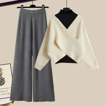 Fall Winter Warm Knit Three Piece Sets Womens Ourfits Office Ladies Elegant V-Neck Sweater+basic Top+Wide Leg Knitted Pants Sets Set 8