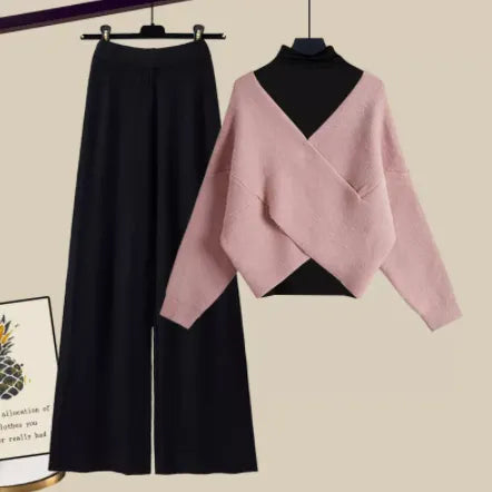 Fall Winter Warm Knit Three Piece Sets Womens Ourfits Office Ladies Elegant V-Neck Sweater+basic Top+Wide Leg Knitted Pants Sets Set 15