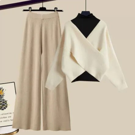 Fall Winter Warm Knit Three Piece Sets Womens Ourfits Office Ladies Elegant V-Neck Sweater+basic Top+Wide Leg Knitted Pants Sets Set 6