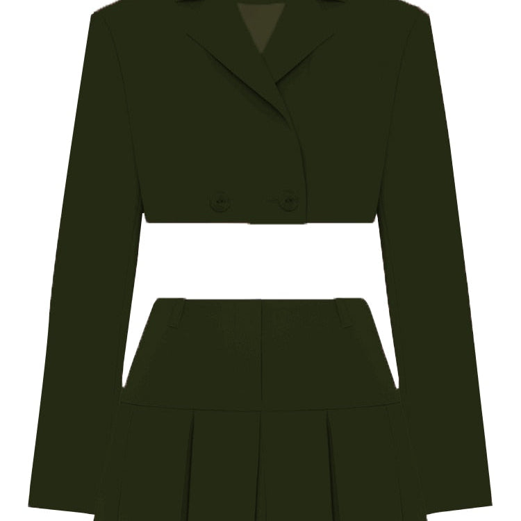 Fall Women Blazer Suit Two Piece Sets Turn-down Collar Blazers Tops And Pleated Skirts Femme High Street Y2K Outfits ArmyGreen Suit