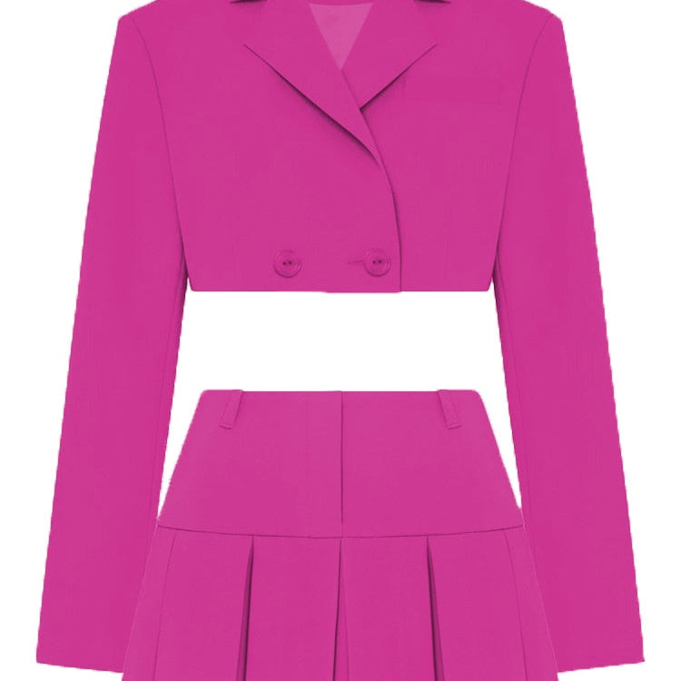 Fall Women Blazer Suit Two Piece Sets Turn-down Collar Blazers Tops And Pleated Skirts Femme High Street Y2K Outfits Rose Red Suit