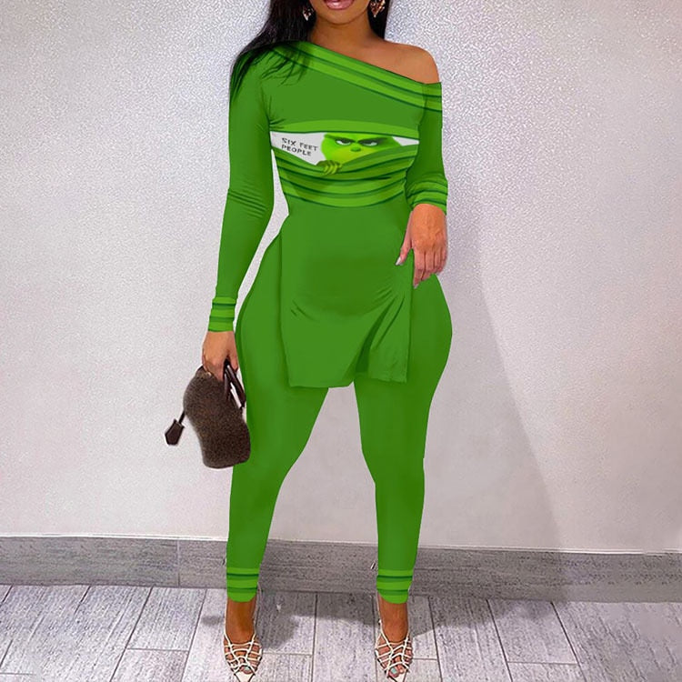 Fall Women Two Piece Sets Outfits Casual Print Side Slit Top And Skinny Pants Tracksuits Fashion Streetwear 2pcs Suits