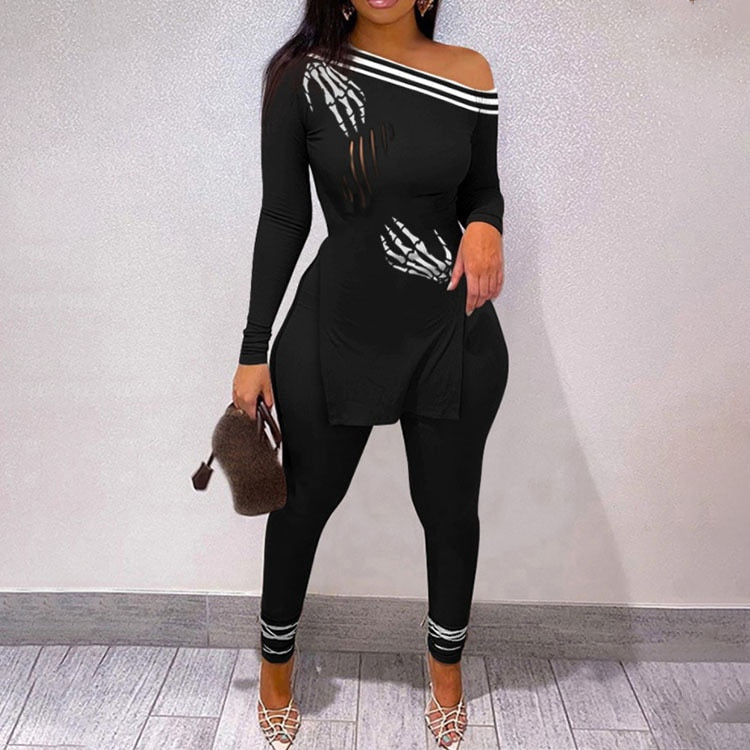 Fall Women Two Piece Sets Outfits Casual Print Side Slit Top And Skinny Pants Tracksuits Fashion Streetwear 2pcs Suits New black 01