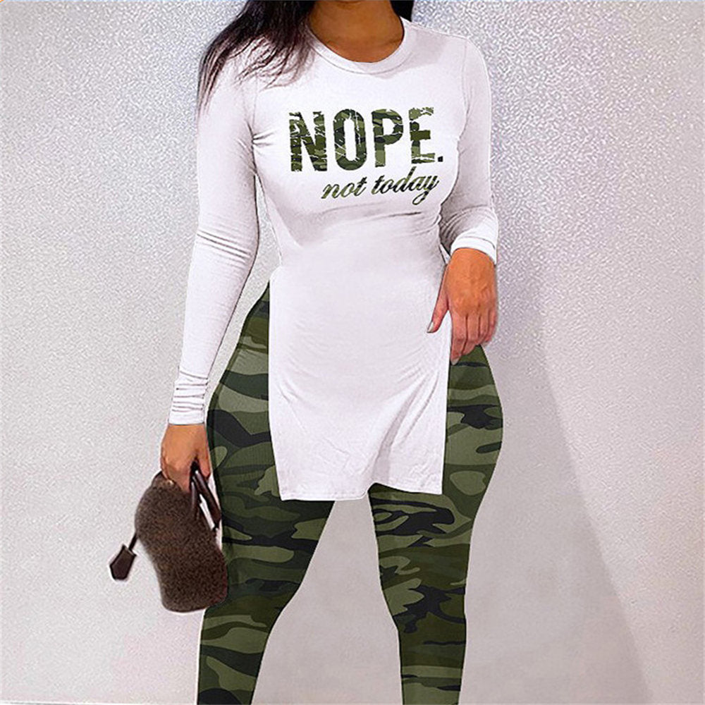 Fall Women Two Piece Sets Outfits Casual Print Side Slit Top And Skinny Pants Tracksuits Fashion Streetwear 2pcs Suits Long Camouflage
