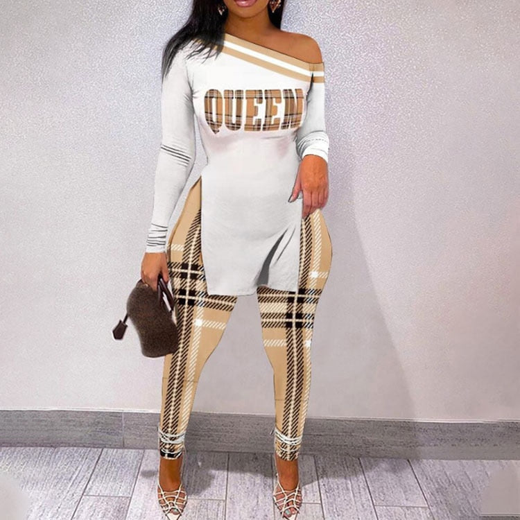 Fall Women Two Piece Sets Outfits Casual Print Side Slit Top And Skinny Pants Tracksuits Fashion Streetwear 2pcs Suits New Khaki plaid