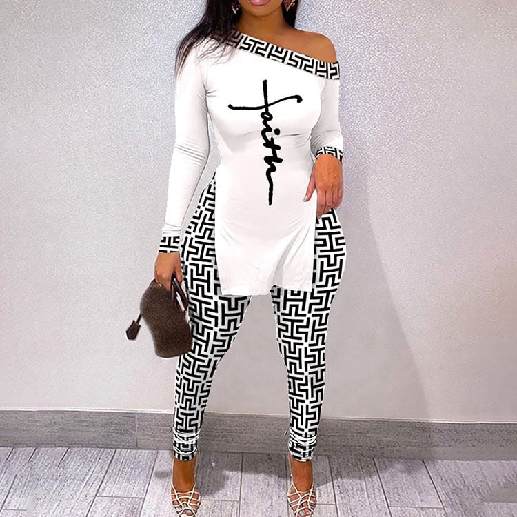 Fall Women Two Piece Sets Outfits Casual Print Side Slit Top And Skinny Pants Tracksuits Fashion Streetwear 2pcs Suits New white 02