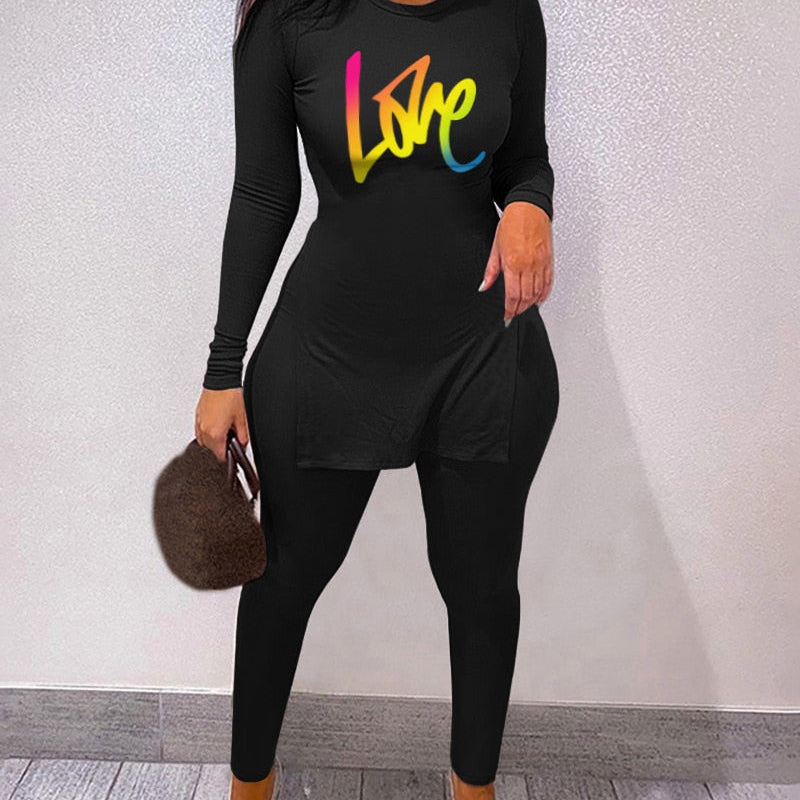 Fall Women Two Piece Sets Outfits Casual Print Side Slit Top And Skinny Pants Tracksuits Fashion Streetwear 2pcs Suits black 3