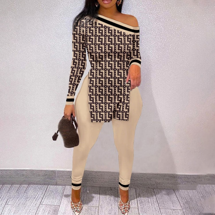 Fall Women Two Piece Sets Outfits Casual Print Side Slit Top And Skinny Pants Tracksuits Fashion Streetwear 2pcs Suits New Khaki