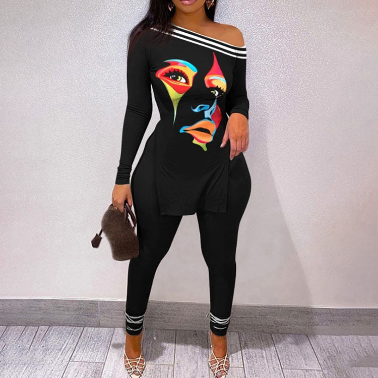 Fall Women Two Piece Sets Outfits Casual Print Side Slit Top And Skinny Pants Tracksuits Fashion Streetwear 2pcs Suits New black 03
