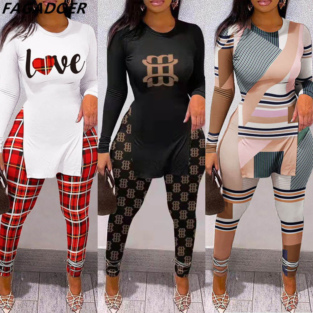 Fall Women Two Piece Sets Outfits Casual Print Side Slit Top And Skinny Pants Tracksuits Fashion Streetwear 2pcs Suits