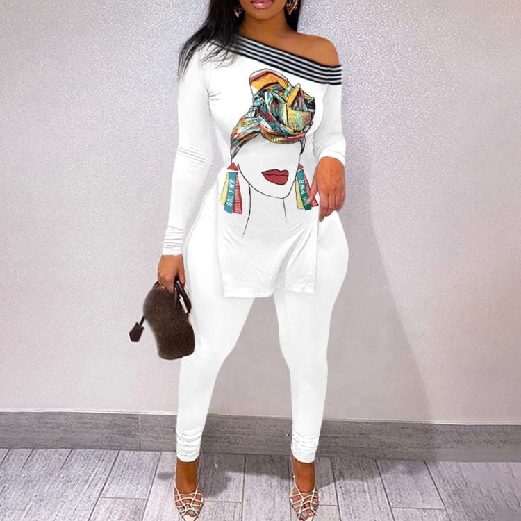 Fall Women Two Piece Sets Outfits Casual Print Side Slit Top And Skinny Pants Tracksuits Fashion Streetwear 2pcs Suits New white 01