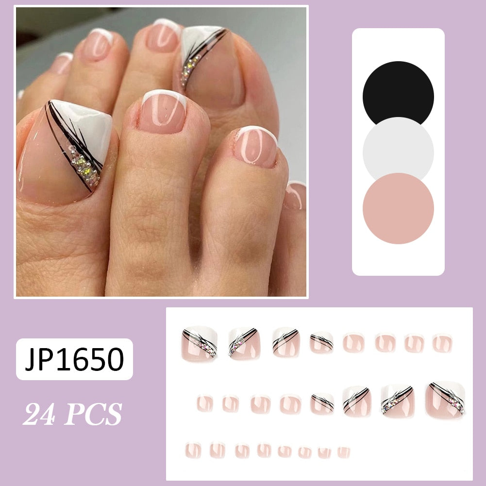 False Toe Nails Summer Simple Wearable Fake Toenails Set Press On Nail French Removable Nail Stickers With Glue For Girls 24pcs 27