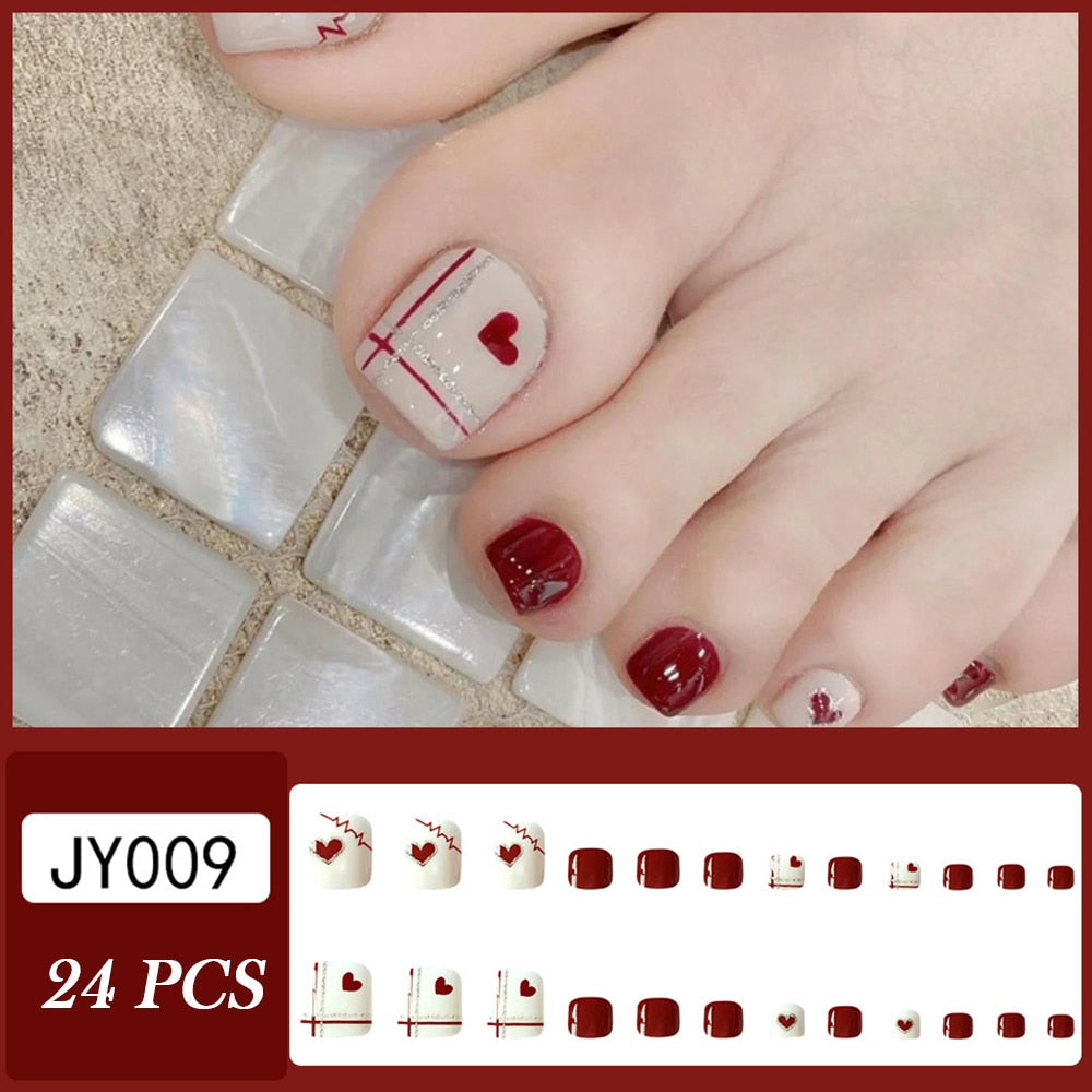 False Toe Nails Summer Simple Wearable Fake Toenails Set Press On Nail French Removable Nail Stickers With Glue For Girls 24pcs 37