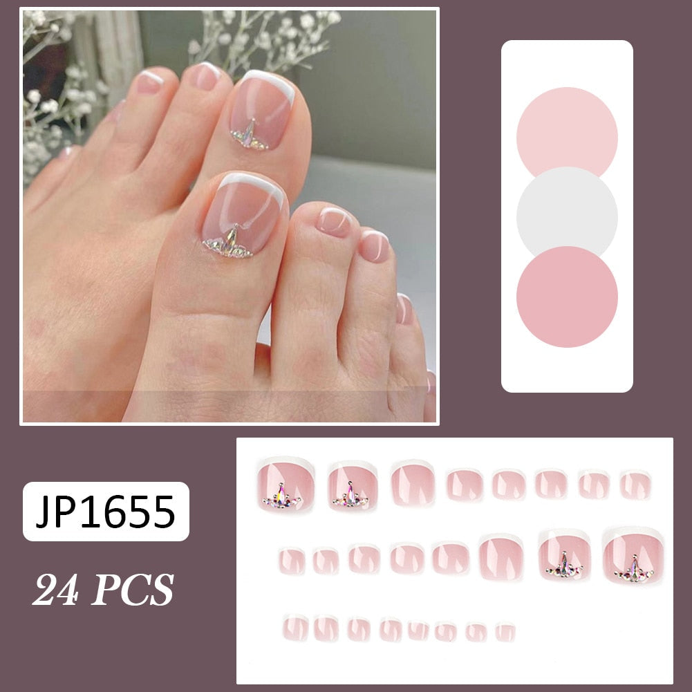 False Toe Nails Summer Simple Wearable Fake Toenails Set Press On Nail French Removable Nail Stickers With Glue For Girls 24pcs 29
