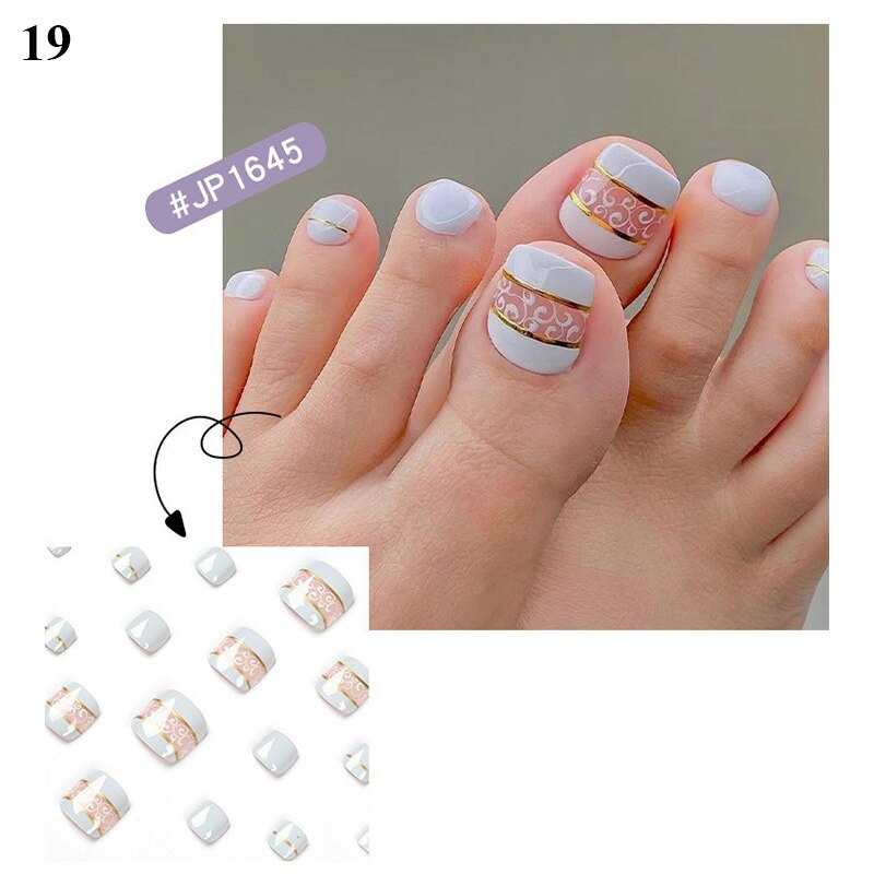 False Toenail 24Pcs/Box Toe Nail 3D Glitter Decor Press On Fake Nails With Glue Detachable Square Short Full Cover DIY Nail Tips 19