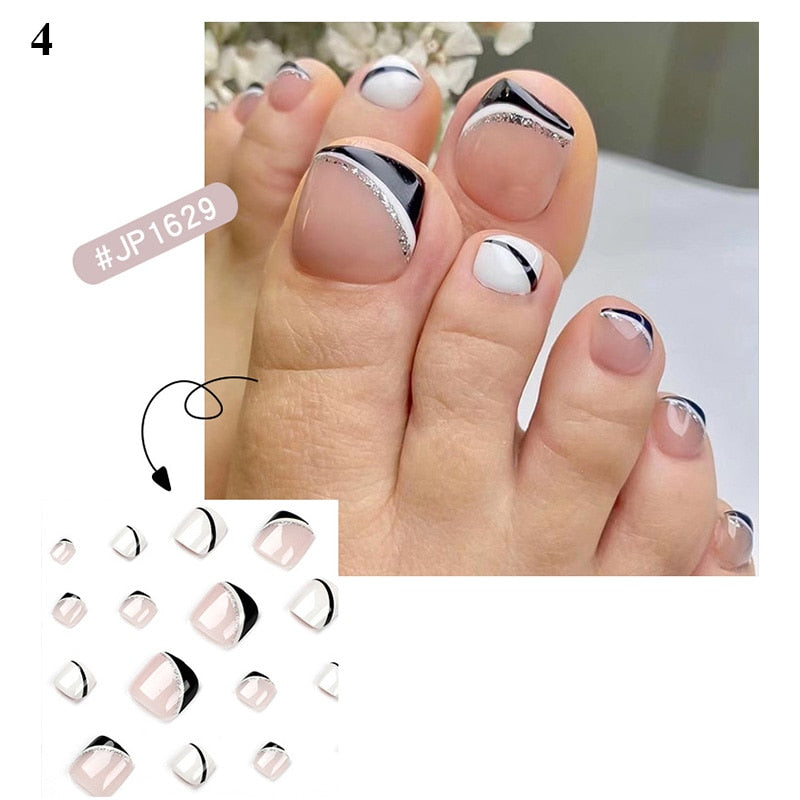 False Toenail 24Pcs/Box Toe Nail 3D Glitter Decor Press On Fake Nails With Glue Detachable Square Short Full Cover DIY Nail Tips 4