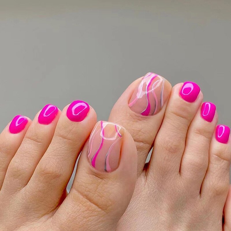 False Toenail 24Pcs/Box Toe Nail 3D Glitter Decor Press On Fake Nails With Glue Detachable Square Short Full Cover DIY Nail Tips