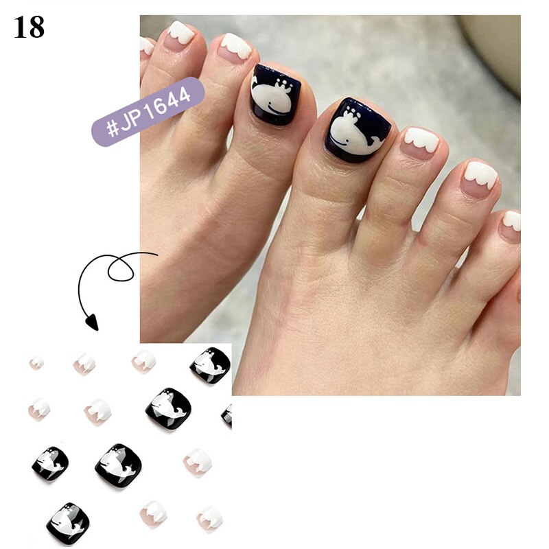 False Toenail 24Pcs/Box Toe Nail 3D Glitter Decor Press On Fake Nails With Glue Detachable Square Short Full Cover DIY Nail Tips 18