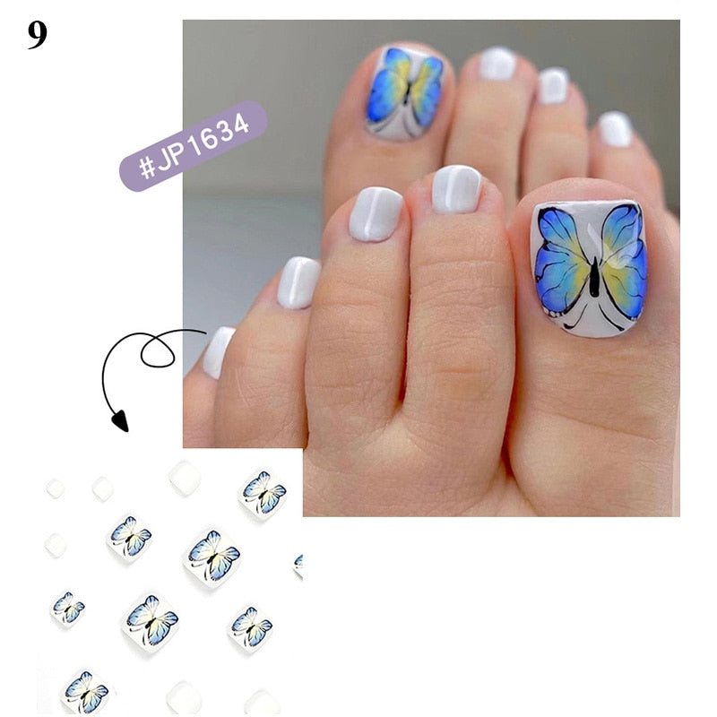 False Toenail 24Pcs/Box Toe Nail 3D Glitter Decor Press On Fake Nails With Glue Detachable Square Short Full Cover DIY Nail Tips 9